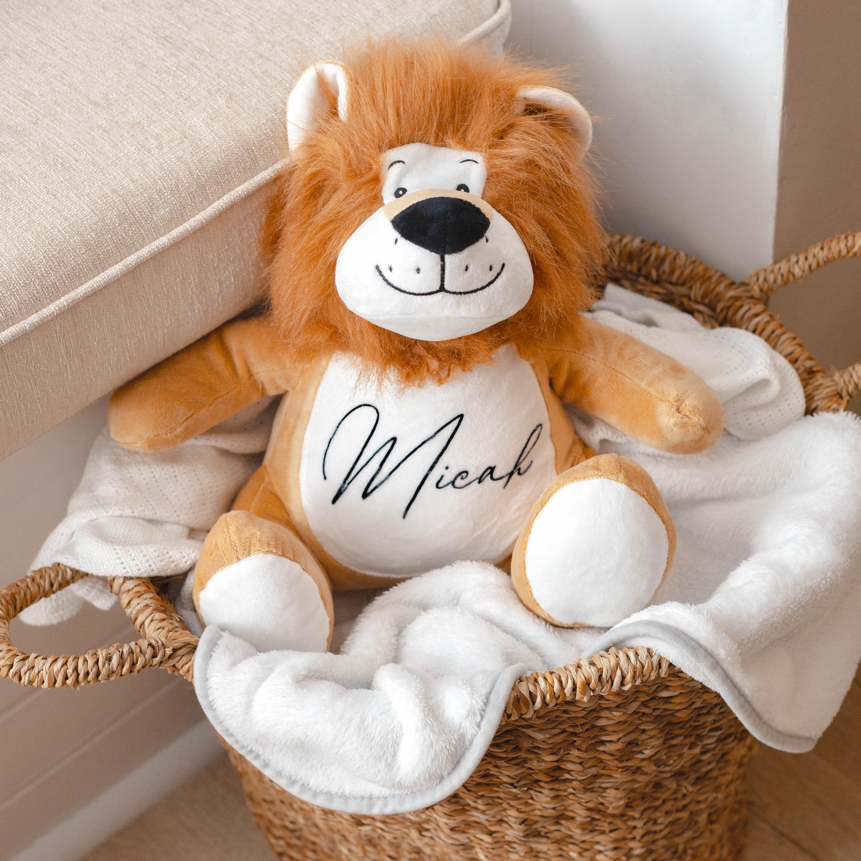 Personalised Lion, New Baby Gift, Customised Plush Soft Toy, Your Name Teddy, Cuddly Toy, Girls and Boys Teddy Baby Shower Gift