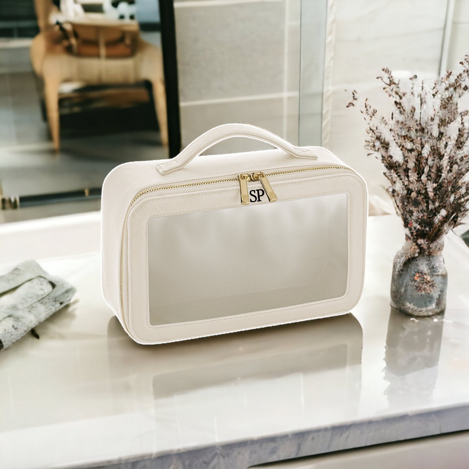 Personalised clear cosmetic bag with small monogram, custom makeup bag, clear wash travel bag personalised gift for bridesmaid, travel bag - Jessica Hollie GiftsAccessory