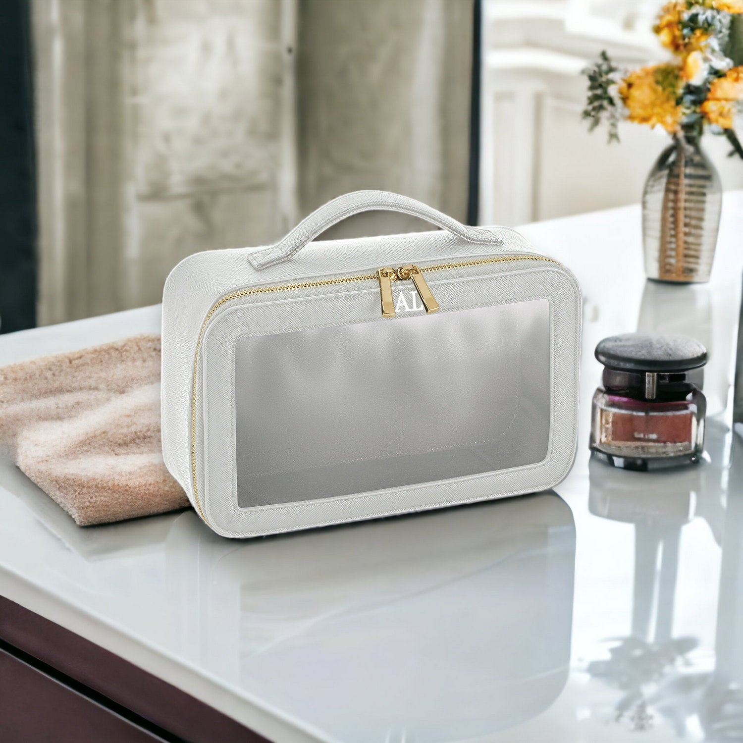 Personalised clear cosmetic bag with small monogram, custom makeup bag, clear wash travel bag personalised gift for bridesmaid, travel bag - Jessica Hollie GiftsAccessory