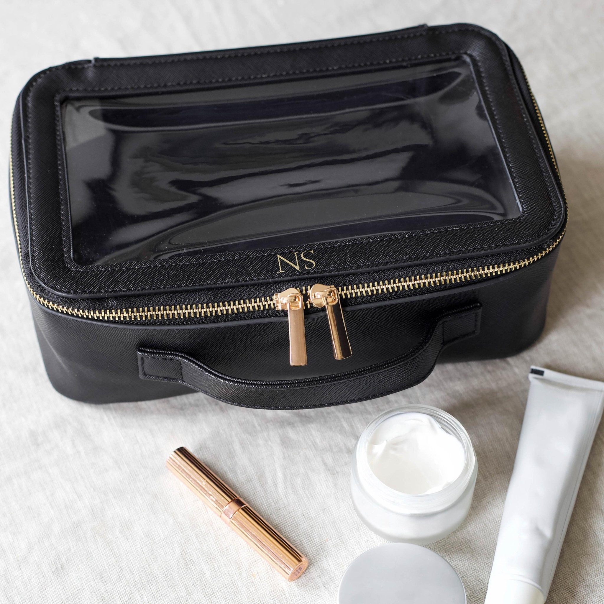 Personalised clear cosmetic bag with small monogram, custom makeup bag, clear wash travel bag personalised gift for bridesmaid, travel bag - Jessica Hollie Gifts