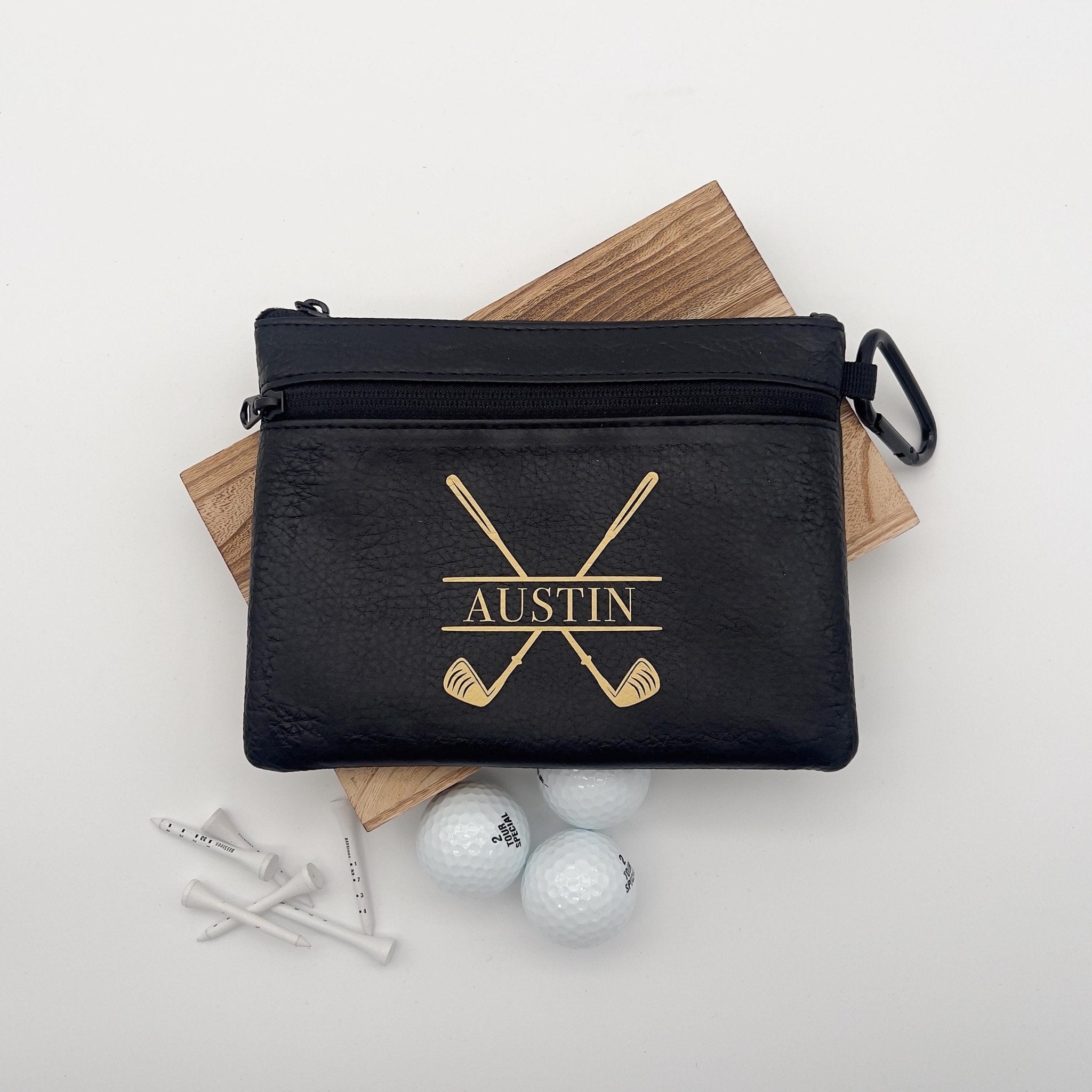 Personalised golf ball bag, golf tee bag, pouch for golf balls, faux leather golf bag, custom golf gift, golf lover gif, fathers day gift - Jessica Hollie Gifts