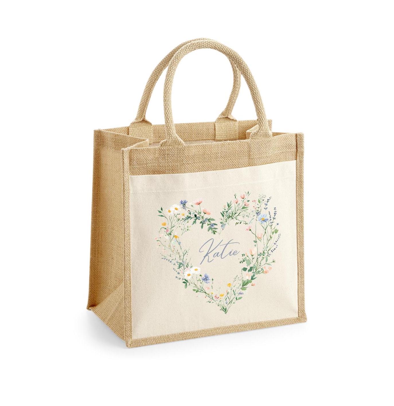 Personalised Jute Lunch Bag with Name & Heart, Personalised Work Bag, Eco Friendly Office Bag, Teacher Bag, Tote Bag, Shopper Bag, Woman Bag - Jessica Hollie Gifts
