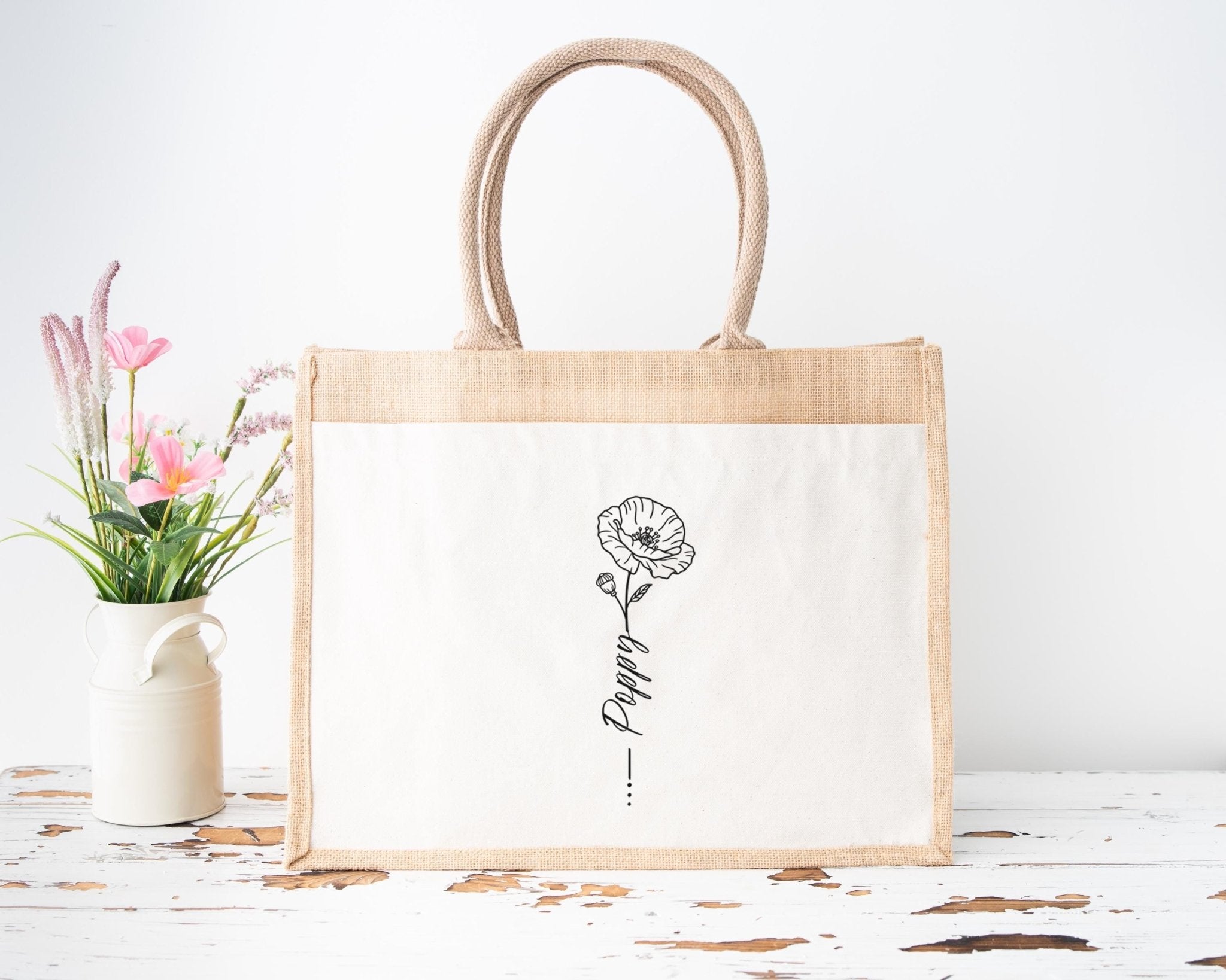 Personalised Jute Tote Bag with Custom Birth Flower, Birth Month Flower Gift, Unique Birth Flower Gift for Her, Eco - Friendly Reusable Bag - Jessica Hollie Gifts