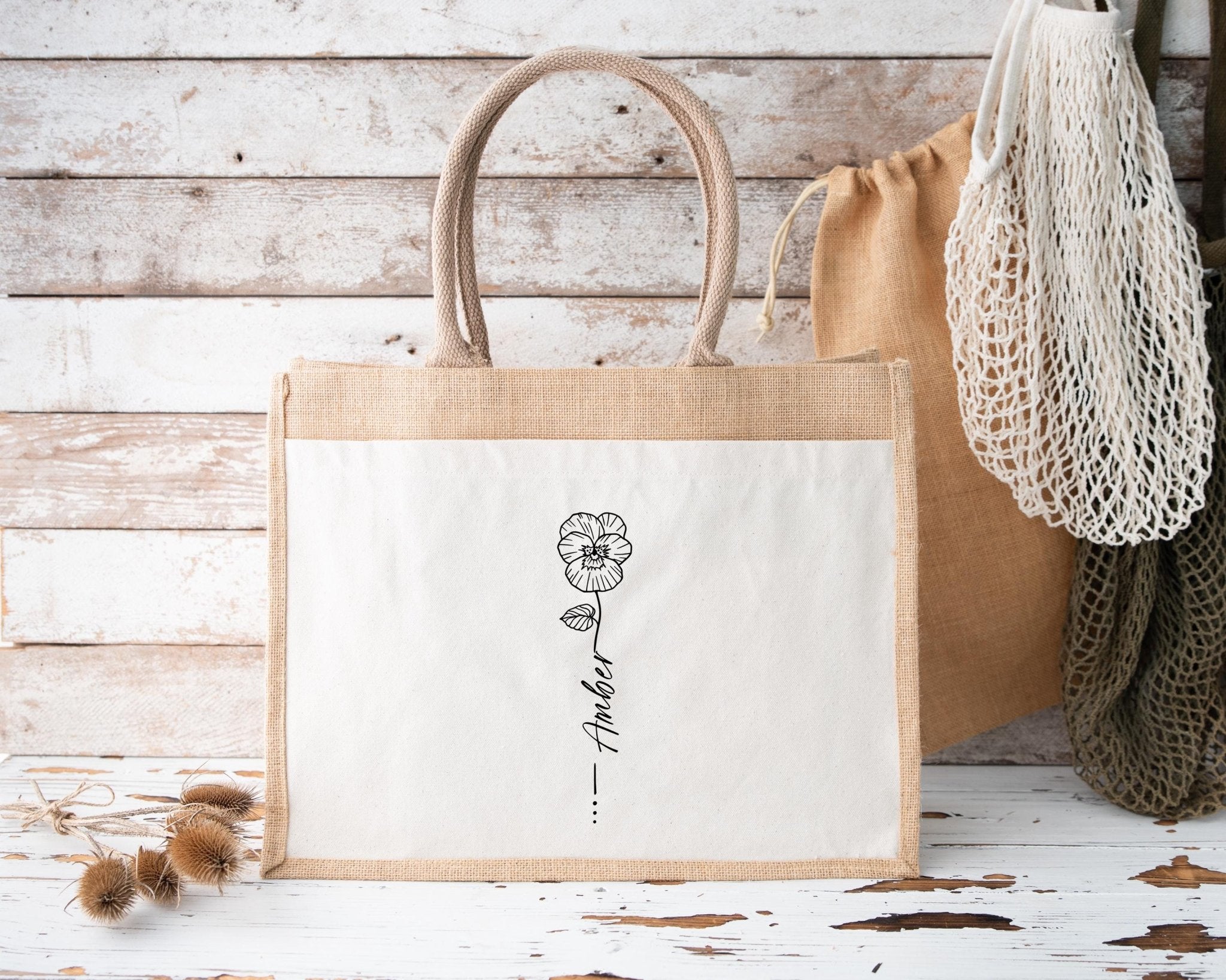 Personalised Jute Tote Bag with Custom Birth Flower, Birth Month Flower Gift, Unique Birth Flower Gift for Her, Eco - Friendly Reusable Bag - Jessica Hollie Gifts
