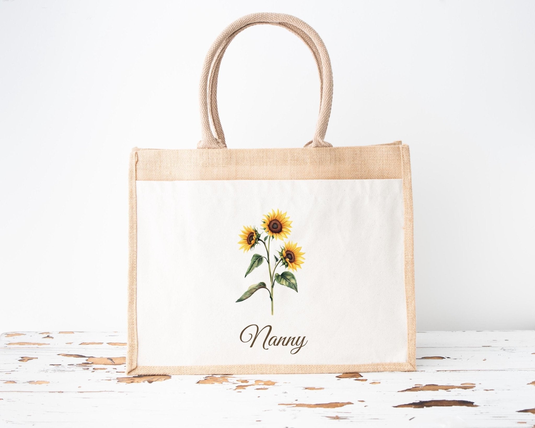 Personalised Jute Tote Bag with Pocket, Custom Floral Shopper Gift for Mum, Nanny, Grandma, Women, Birthday, Eco Reusable Mothers Day - Jessica Hollie Gifts