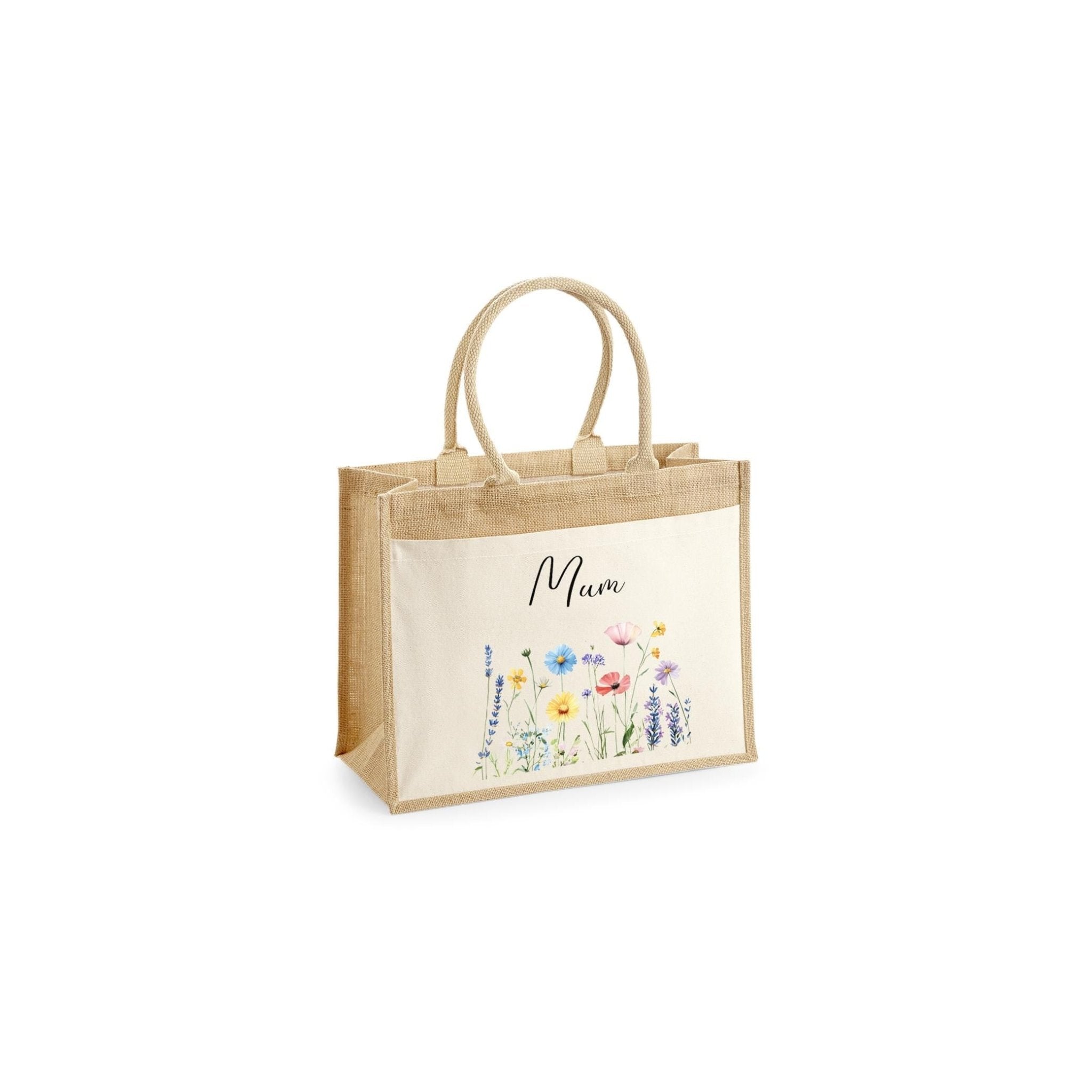 Personalised Jute Tote Bag with Pocket, Custom Floral Shopper Gift for Mum, Nanny, Grandma, Women, Birthday, Eco Reusable Mothers Day - Jessica Hollie Gifts