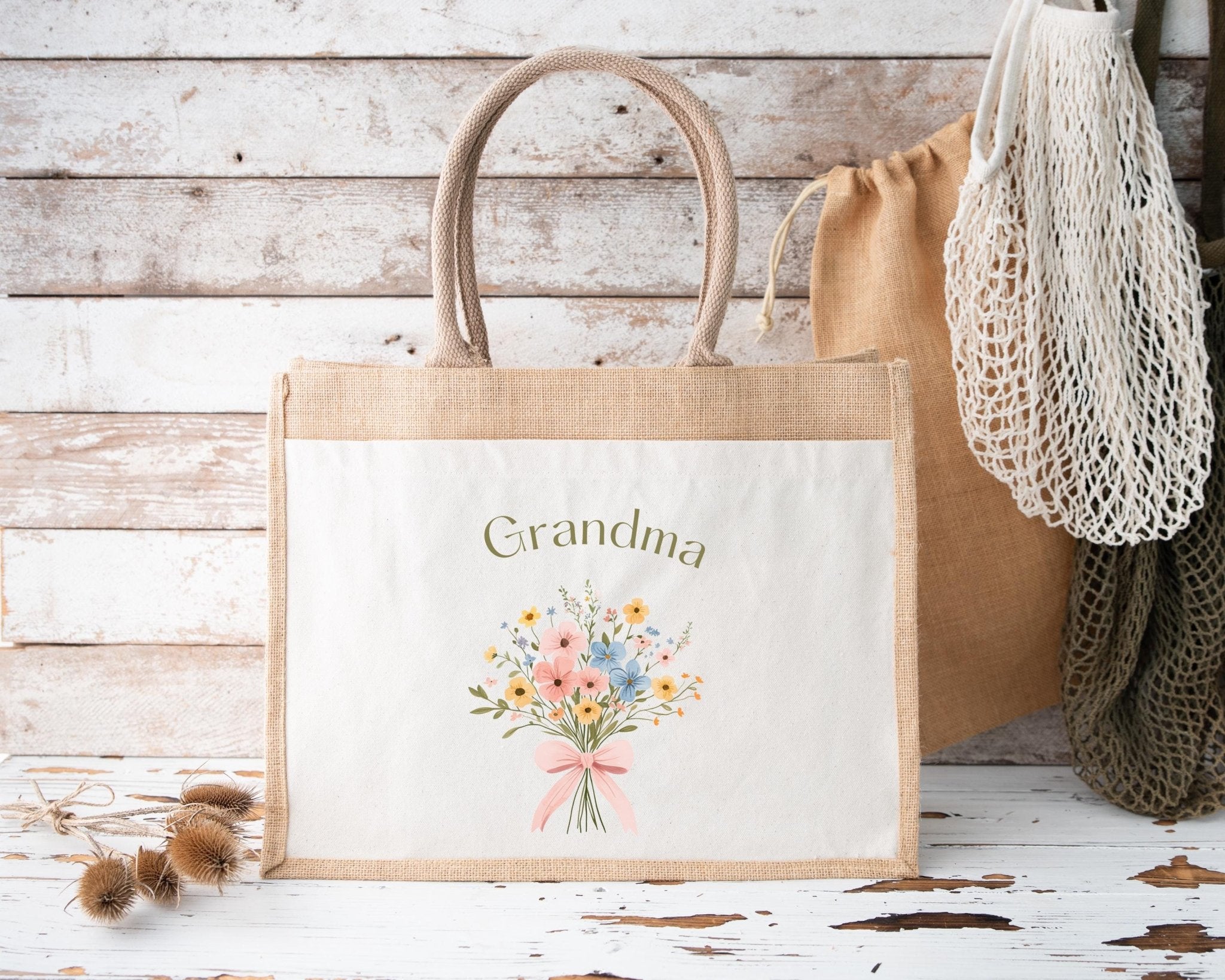 Personalised Jute Tote Bag with Pocket, Custom Floral Shopper Gift for Mum, Nanny, Grandma, Women, Birthday, Eco Reusable Mothers Day - Jessica Hollie Gifts