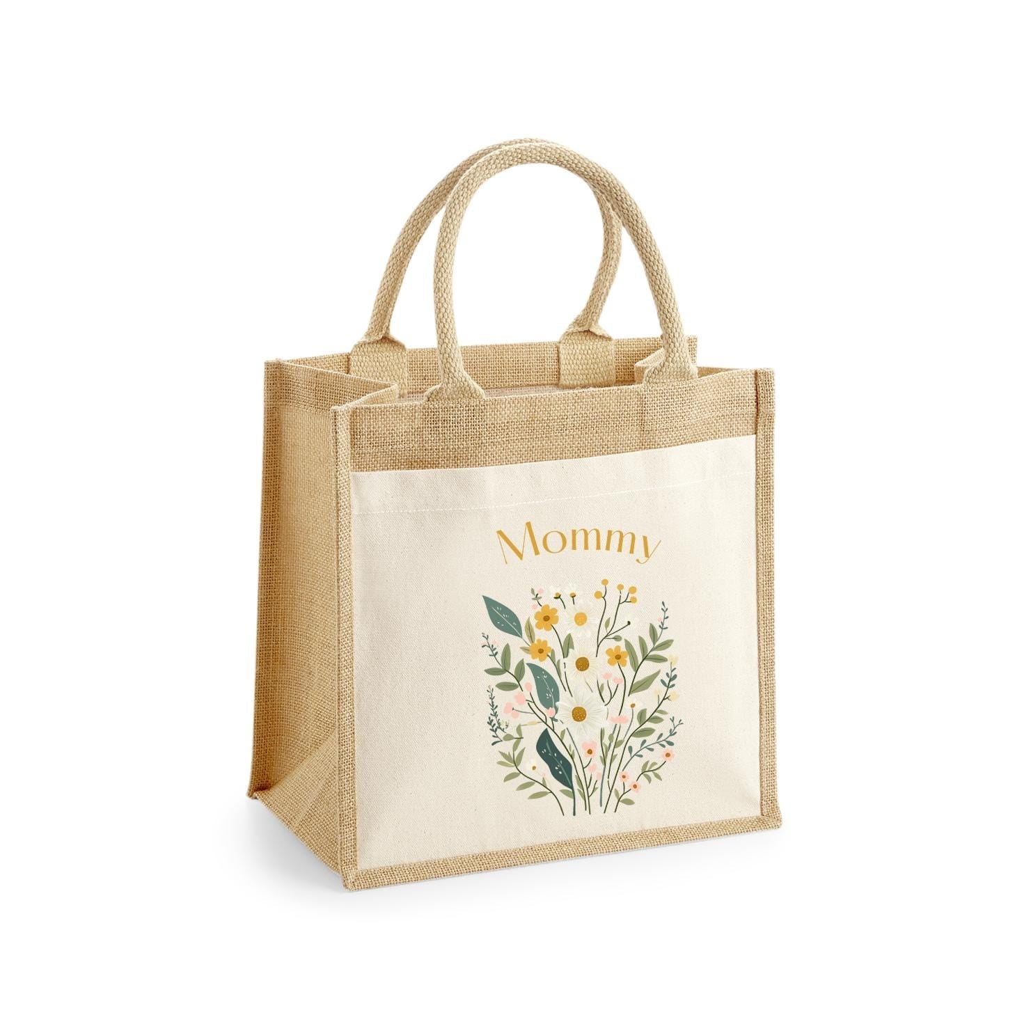 Personalised Jute Tote Bag with Pocket, Custom Floral Shopper Gift for Mum, Nanny, Grandma, Women, Birthday, Eco Reusable Mothers Day - Jessica Hollie Gifts