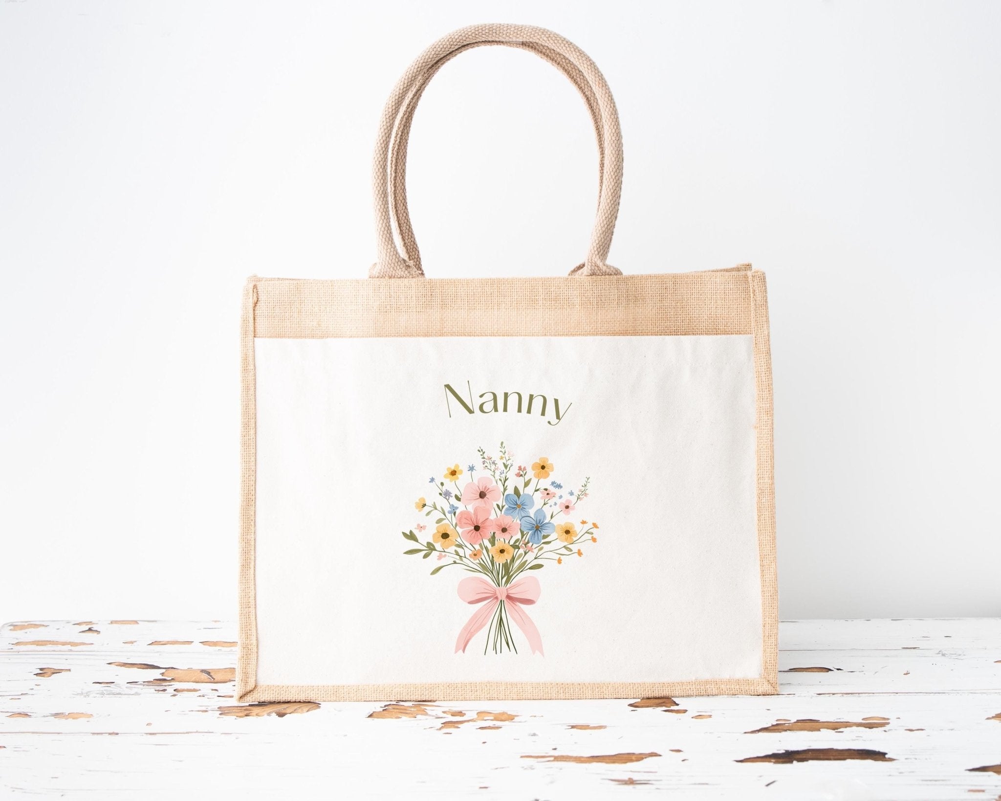 Personalised Jute Tote Bag with Pocket, Custom Floral Shopper Gift for Mum, Nanny, Grandma, Women, Birthday, Eco Reusable Mothers Day - Jessica Hollie Gifts
