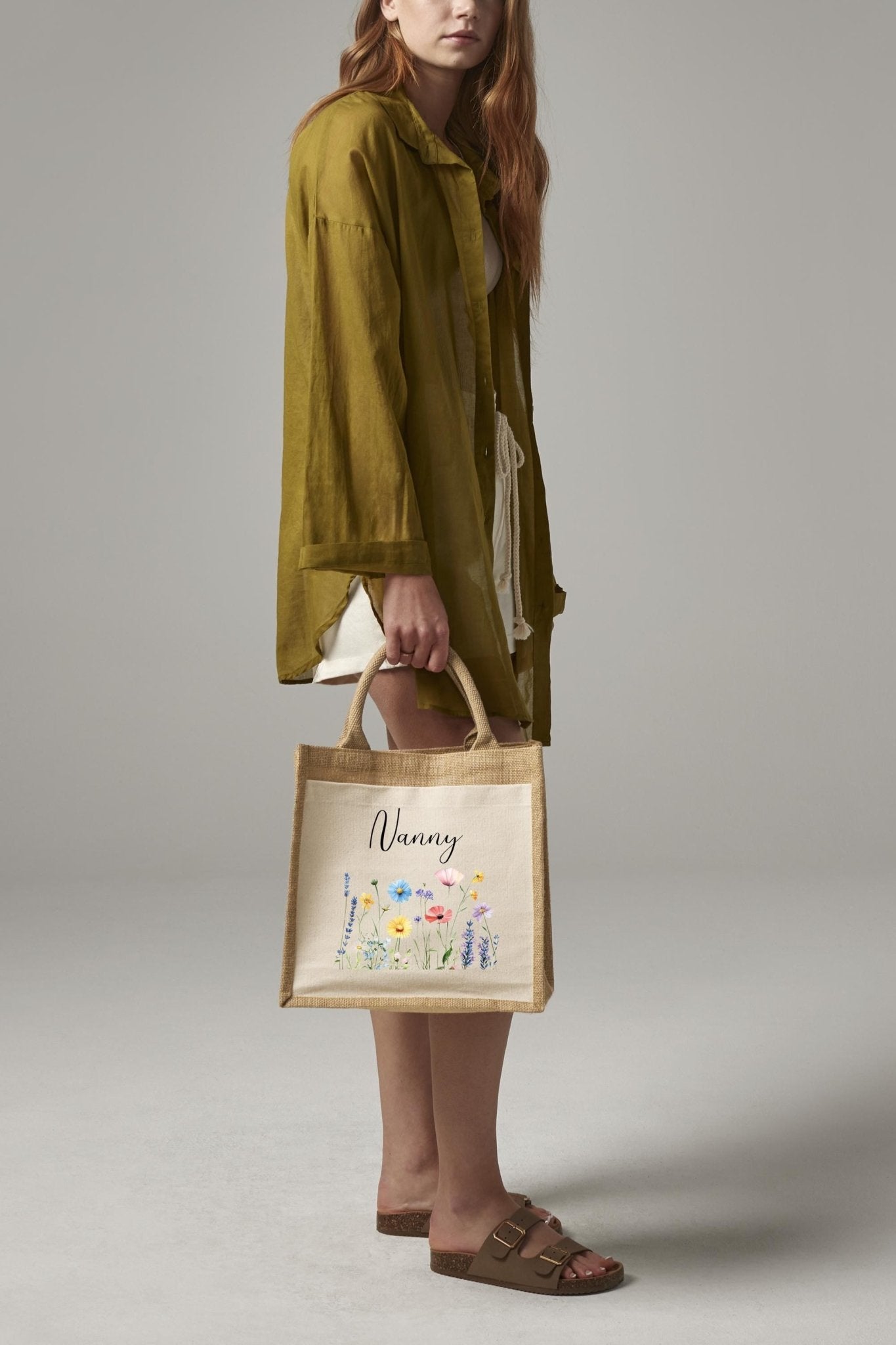 Personalised Jute Tote Bag with Pocket, Custom Floral Shopper Gift for Mum, Nanny, Grandma, Women, Birthday, Eco Reusable Mothers Day - Jessica Hollie Gifts