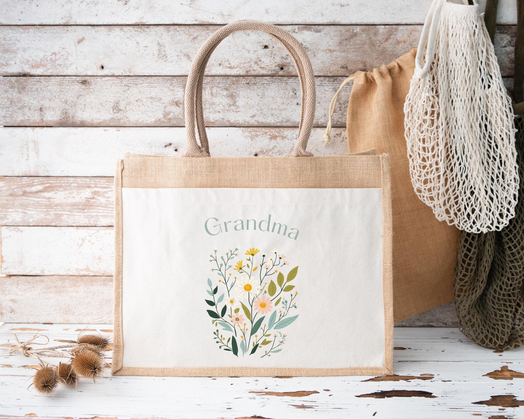 Personalised Jute Tote Bag with Pocket, Custom Floral Shopper Gift for Mum, Nanny, Grandma, Women, Birthday, Eco Reusable Mothers Day - Jessica Hollie Gifts