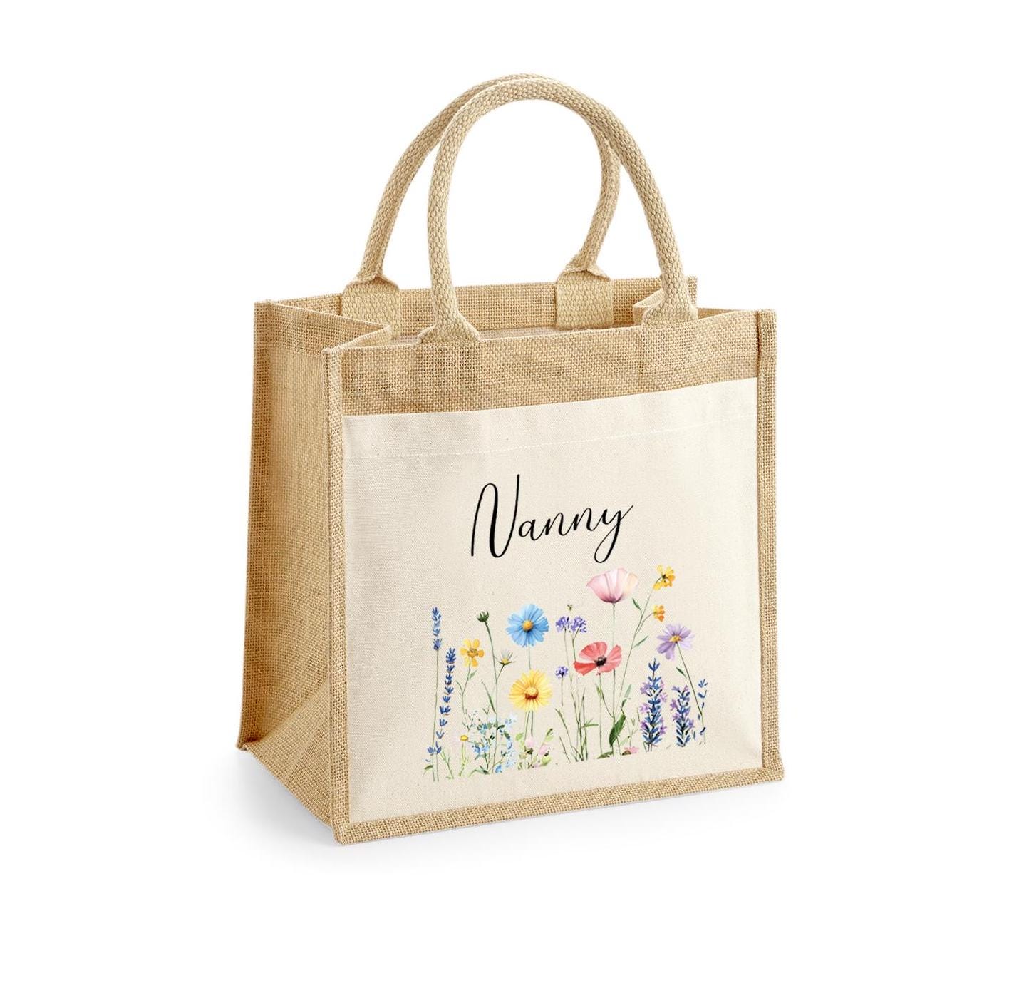 Personalised Jute Tote Bag with Pocket, Custom Floral Shopper Gift for Mum, Nanny, Grandma, Women, Birthday, Eco Reusable Mothers Day - Jessica Hollie Gifts