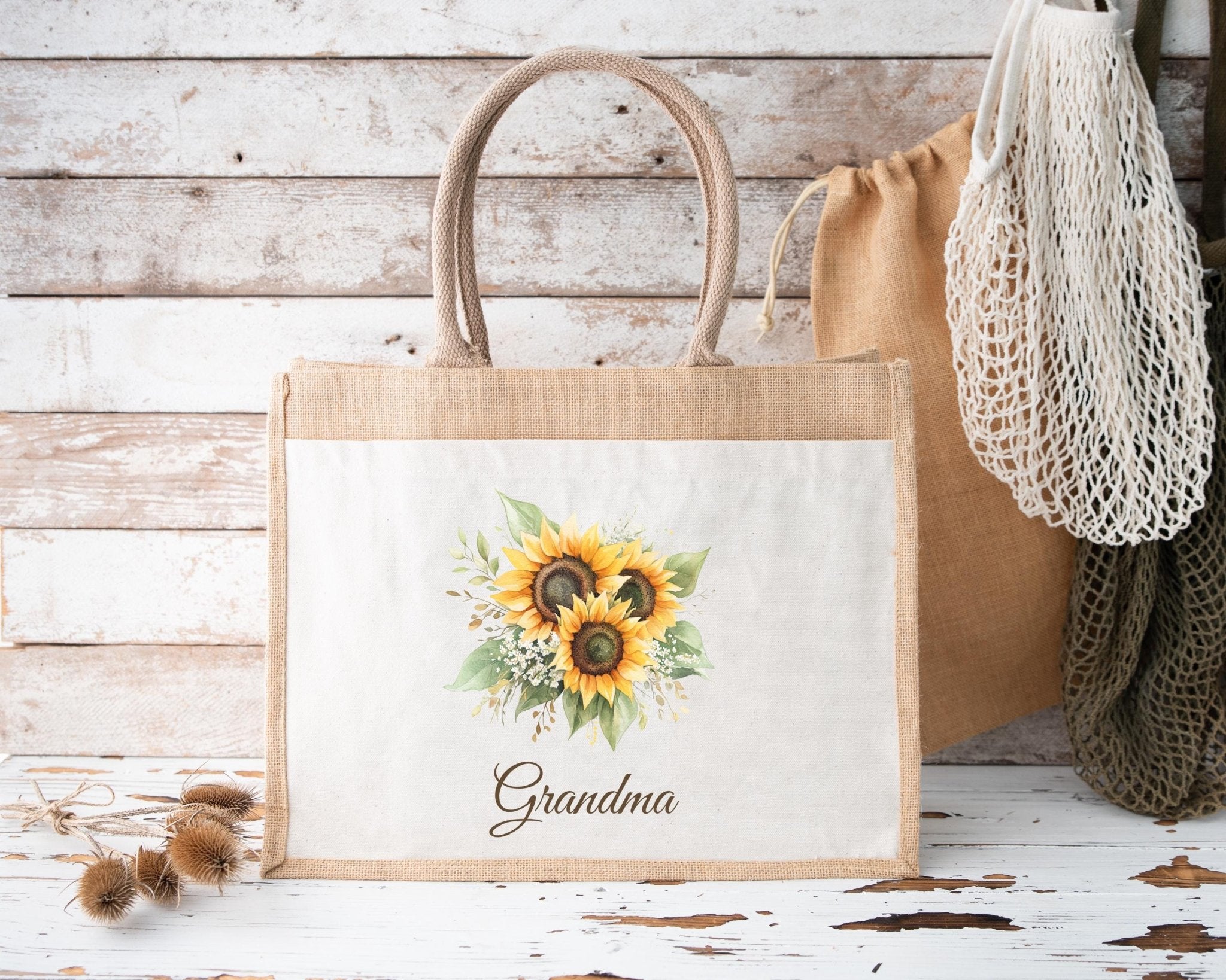 Personalised Jute Tote Bag with Pocket, Custom Floral Shopper Gift for Mum, Nanny, Grandma, Women, Birthday, Eco Reusable Mothers Day - Jessica Hollie Gifts