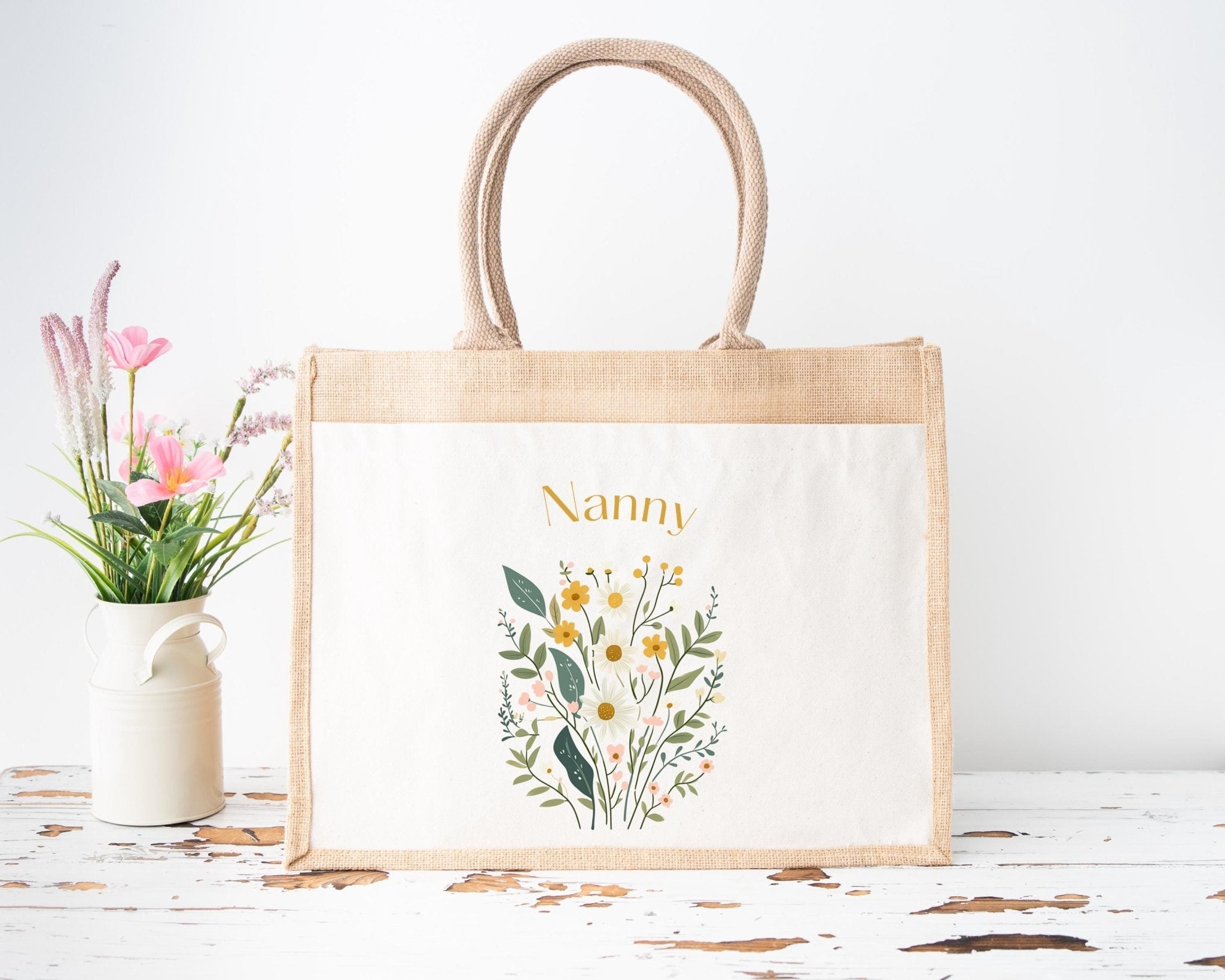 Personalised Jute Tote Bag with Pocket, Custom Floral Shopper Gift for Mum, Nanny, Grandma, Women, Birthday, Eco Reusable Mothers Day - Jessica Hollie Gifts