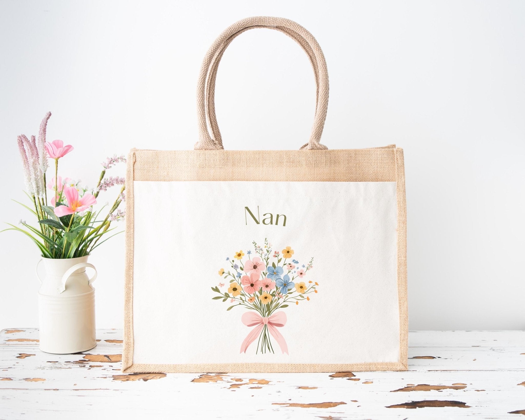 Personalised Jute Tote Bag with Pocket, Custom Floral Shopper Gift for Mum, Nanny, Grandma, Women, Birthday, Eco Reusable Mothers Day - Jessica Hollie Gifts