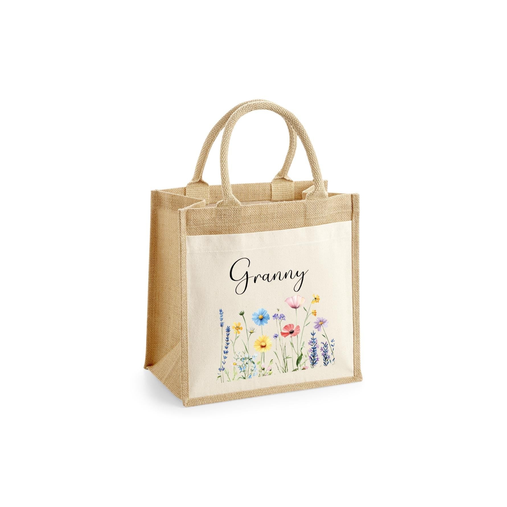 Personalised Jute Tote Bag with Pocket, Custom Floral Shopper Gift for Mum, Nanny, Grandma, Women, Birthday, Eco Reusable Mothers Day - Jessica Hollie Gifts