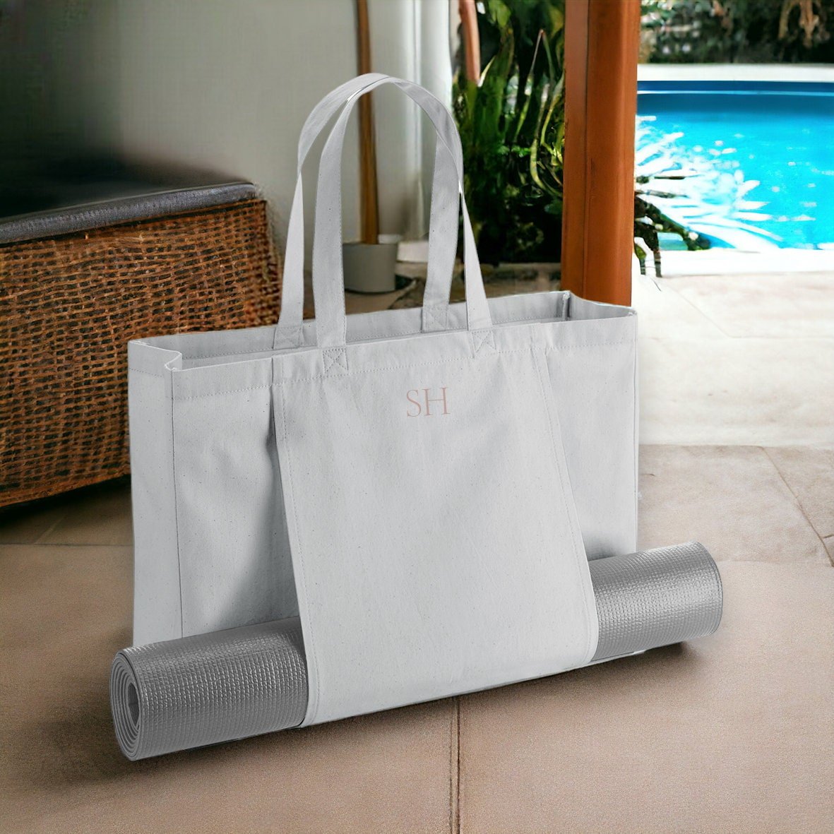 Personalised Monogram Yoga Bag, Tote Bag for Yoga, Custom Yoga Bag, Pilates Bag, Organic tote Bag, Yoga Mat holder bag, Yoga Bag with Holder - Jessica Hollie GiftsBag