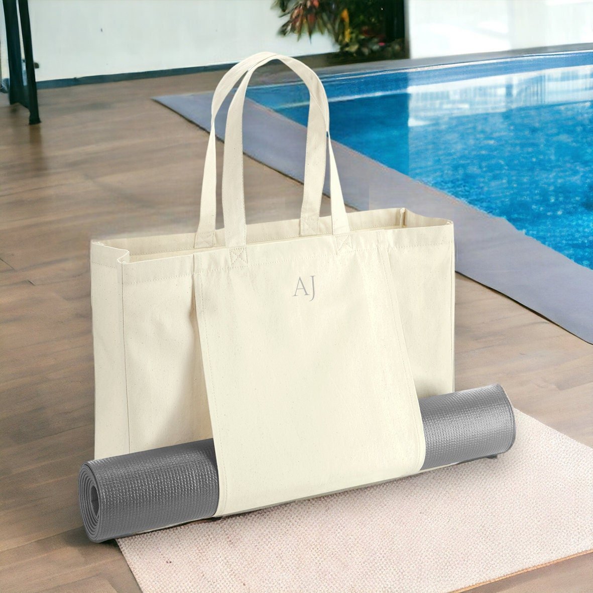 Personalised Monogram Yoga Bag, Tote Bag for Yoga, Custom Yoga Bag, Pilates Bag, Organic tote Bag, Yoga Mat holder bag, Yoga Bag with Holder - Jessica Hollie GiftsBag